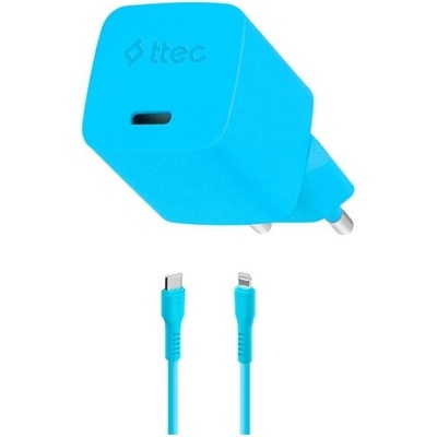 Ttec Зарядно 220V ttec SmartCharger GAN 20W PD Travel Fast Charger + USB-C - Lightning Cable 120cm, Neon Blue