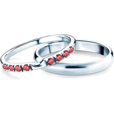 SAVICKI Сватбени халки The Journey: бяло злато, рубин, полукръгъл профил. 2 мм и 3 мм