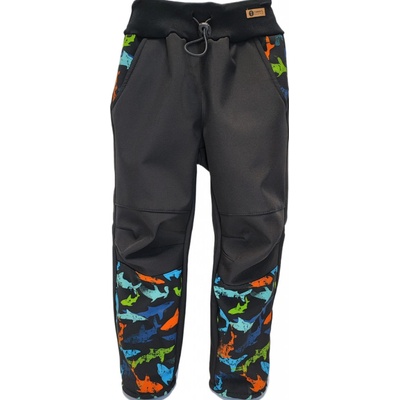 Tommy's design softshellové kalhoty s fleecem černé se žraloky