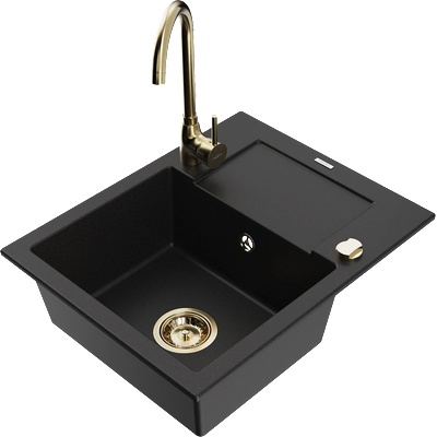 Mexen Enzo гранитна кухненска мивка с 1 отделение с отцедник и кухненски смесител Telma, черен - 6506-77-670200-50 (6506-77-670200-50)