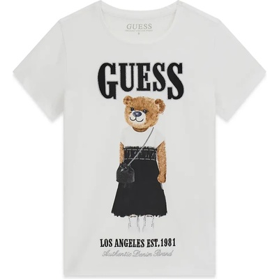 GUESS Бяла тениска за момиче с голямо цветно мече отпред и черен надпис Guess