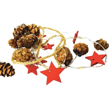 ACA Lighting LED vianočné girlanda hnedé šištičky na povrázku s červenými hviezdičkami teplá biela