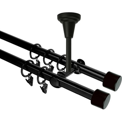 OK-GarnýžeCZ Garnýž kovová dvouřadá 16mm Pullo Double černá 240 cm do stropu / kroužky s žabkou