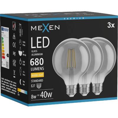 Mexen Vintis 3x LED крушка с нажежаема жичка E27, G95, 8W, Топла - 2700K, 680 lm, опушена (L157-E27-0827-70x03)
