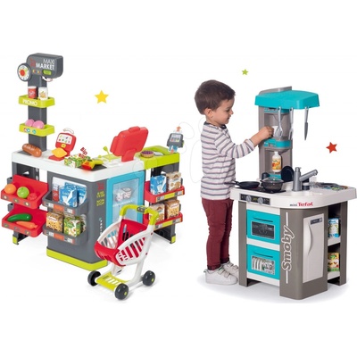 Smoby Set kuchyňka elektronická Tefal Studio 360° Bubble a obchod smíšené zboží Maxi Market s chladicím boxem