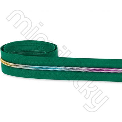 Zip spirálový 5mm metráž tmavě zelená/duhová