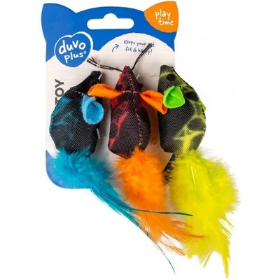 Duvoplus играчка за котки, мишки с пера 3 броя, котешка трева, 19x5, 5x3 см, Белгия - 12076