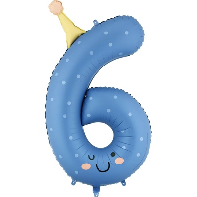 PartyDeco Fóliový balón narodeninové číslo 6 Modrý s klobúčikom 86 cm