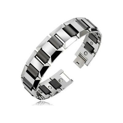 Šperky eshop magnetický náramok wolfrámový strieborný s čiernymi valčekmi S09.29