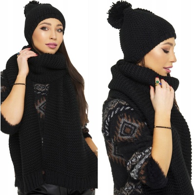 Fashionweek Zimní tlustá teplá dámská vlněná souprava čepice a dlouhý šátek KARR28 Černá
