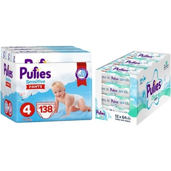 pufies Пелени гащи Pufies Sensitive - Размер 4, 9-15 kg, 138 броя + мокри кърпи Pufies Clean Care, 12 х 64 броя (3800024035258+13800024027540)