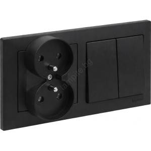 Legrand - Двойна домашна розетка и двоен ключ č. 5 с рамка SUNO 250V в черен цвят (LR0066C)