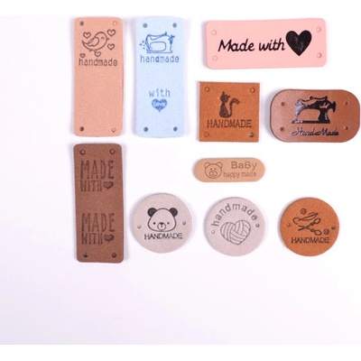 Koženkové štítky Handmade mix tvarů - balení 10 ks – Zboží Mobilmania