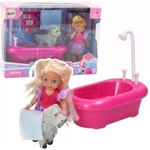 LEAN Toys Mini Doll Set with Bathtub and White Dog Pink