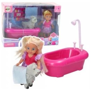 LEAN Toys Mini Doll Set with Bathtub and White Dog Pink