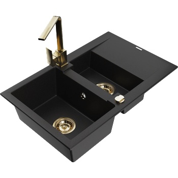 Mexen Gaspar гранитна мивка 1, 5-коморова с отцедник и кухненски смесител Rita, черен - 6507-77-670300-50 (6507-77-670300-50)