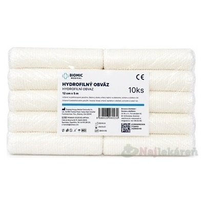 BIOMIC MEDICAL Nesterilný obväz 12 cm x 5 m, 10 ks