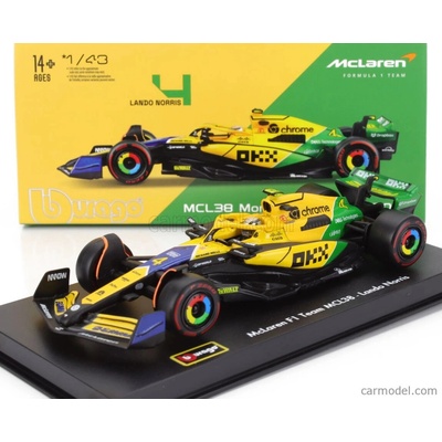 Bburago Mclaren F1 Mcl38 Team Mclaren N 4 4th Monaco Gp Senna 30th Anniversary 2024 Lando Norris With Pilot And Showcase žltá zelená čierna 1:43