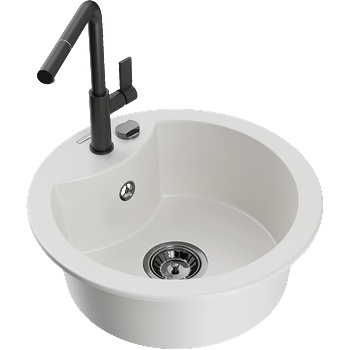 Mexen Diego еднокамерен гранитен мивка с кухненски смесител Flora, бял - 6512-20-670401-70-B (6512-20-670401-70-B)