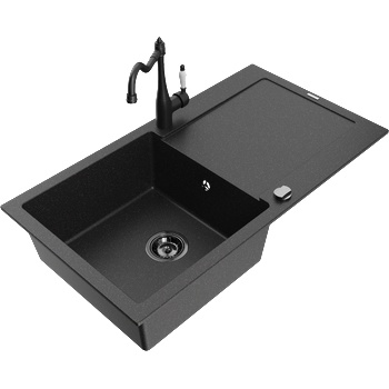 Mexen Leo гранитна мивка с 1 отделение и отцедник и кухненски смесител Carla, черен/сребърен металик - 6501-73-670700-70-B (6501-73-670700-70-B)