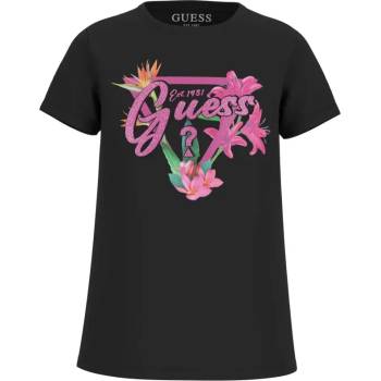 GUESS Черна тениска с цикламено лого с глитери и цветя за момиче Guess