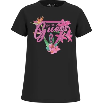 GUESS Черна тениска с цикламено лого с глитери и цветя за момиче Guess