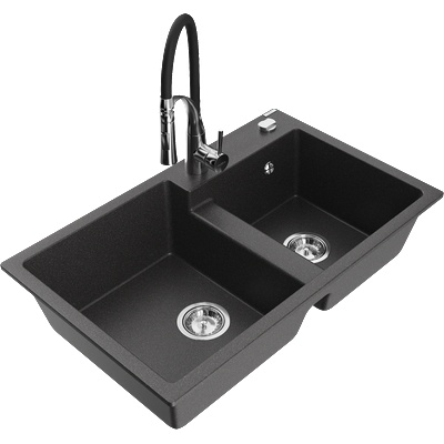 Mexen Tomas двукоморна гранитна мивка с кухненски смесител Aster, черно на пръски - 6516-76-73450-07 (6516-76-73450-07)