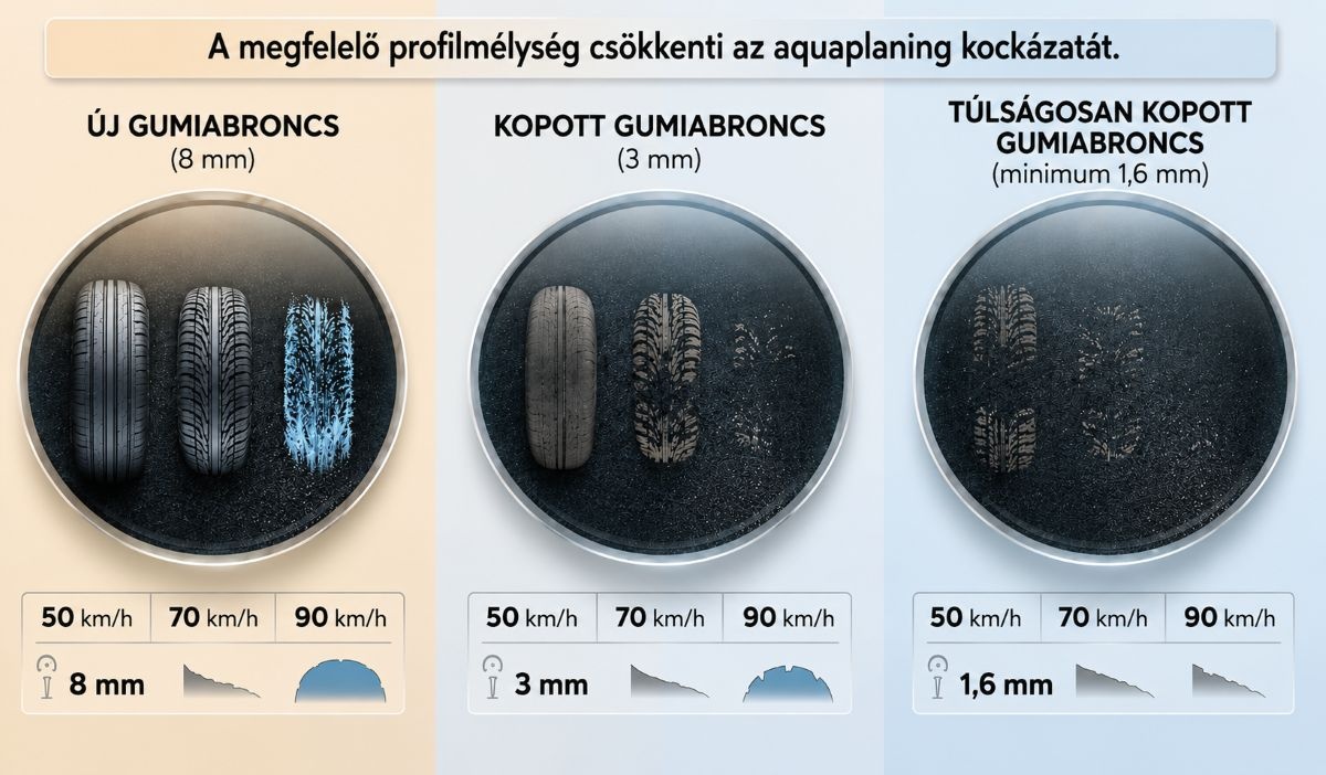 Ábra, amely a gumiabroncs és az útfelület csökkenő érintkezési felületét mutatja aquaplaning során Ábra, amely a gumiabroncs és az útfelület csökkenő érintkezési felületét mutatja aquaplaning során