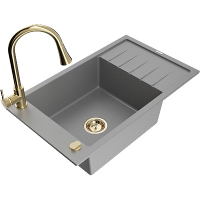 Mexen Elias гранитна мивка с 1 отделение с отцедник и кухненски смесител Elia, сив - 6511-71-670101-50 (6511-71-670101-50)