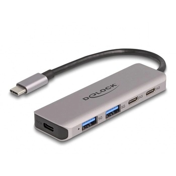 Delock Хъб с USB Type-C конектор, DeLock, 2x USB Type-C, 2x Type-A, 5 Gbps, сребрист (64239)