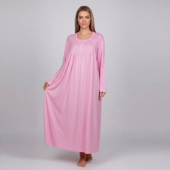 Памучна дълга нощница в розово с дълъг ръкав