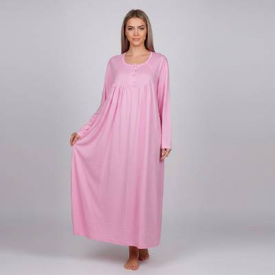 Памучна дълга нощница в розово с дълъг ръкав