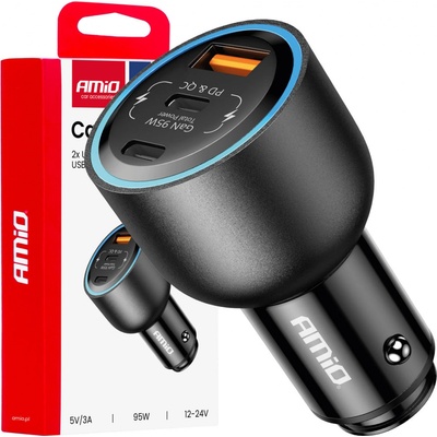 Nabíječka do auta 2x USB C port + USB A port 12/24V 95W AMIO-04372
