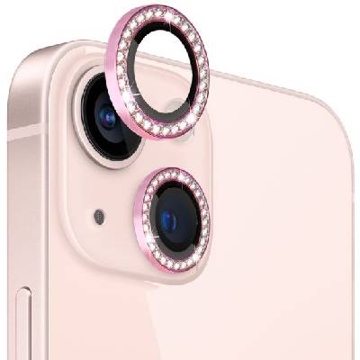 стъкло с кристали за защита на обектива на задната камера за iPhone 13 / 13 mini - розово (85546)