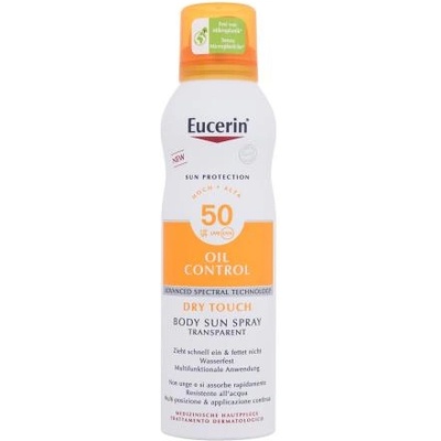 Eucerin Sun Oil Control Body Sun Spray Dry Touch SPF50 водоустойчив прозрачен слънцезащитен спрей за кожа, склонна към акне 200 ml