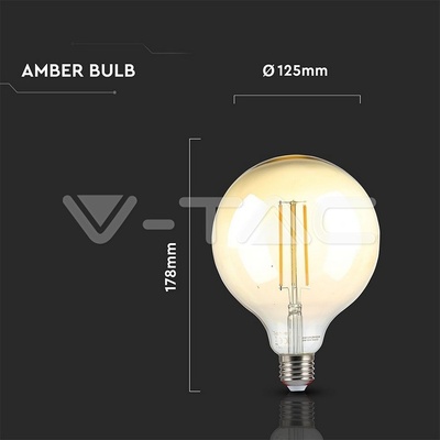 V-TAC LED žiarovka E27 G125 12,5W 2200K amber filament