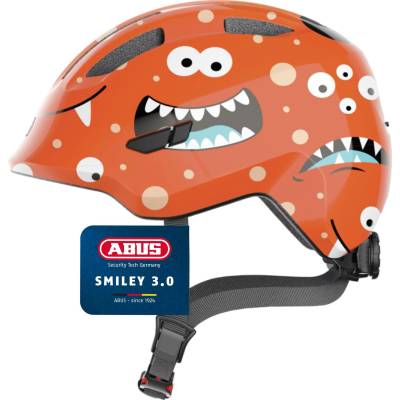 ABUS children's helmet Smiley 3.0 - bicycle helmet with a deep fit, child-friendly designs & space for a braid - for girls and boys - orange with monster pattern, size M - 67266