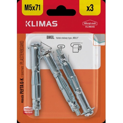 Klimas Wkret-Met 5x71mm - 3 ks - Hmoždinka rozperná oceľová do sadrokartónu "MOLLY" M5 x 71 blister, BMOL