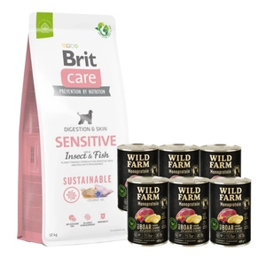 Brit CARE Устойчива храна за чувствителни котки с насекоми и риба 12кг + WILD FARM Monoprotein Wild Boar 6x400g хипоалергенна храна за кучета