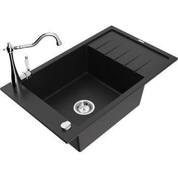Mexen Elias гранитна кухненска мивка с 1 отделение с отцедник и кухненски смесител Carla, черен - 6511-77-670700-00 (6511-77-670700-00)