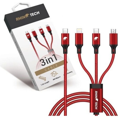 RhinoTech RTACC478 nabíjecí/datový, 3v1 USB-C (MicroUSB + Lightning + USB-C) 40W, 1,2m, červený