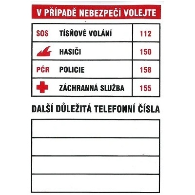Tabulka důležitých telefoních čísel 74x105mm - samolepka