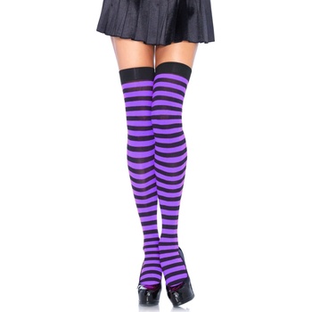 Image 1 of Leg Avenue Striped Nylon Thigh Highs 6005 Black & Purple