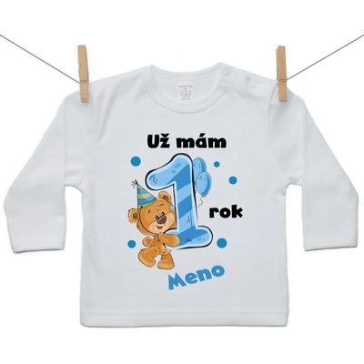 Boodyy Tričko s dlhým rukávom Už mám 1 rok s Medvedíkom a menom dieťatka Chlapec