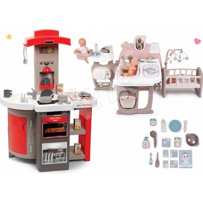 Smoby Set kuchynka skladacia elektronická Tefal Opencook červená s kávovarom a chladničkou a domček pre bábiky Baby Nurse trojkrídlový