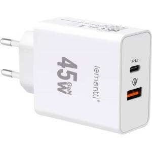 Lemontti GaN Dual Port мрежово зарядно устройство 45W (USB-C PD + USB-A QC 3.0), бяло (LIRGFC45WQCA)