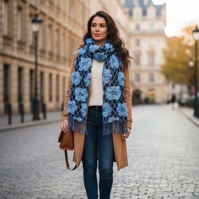 Ефектен дамски шал в черно със сини цветя