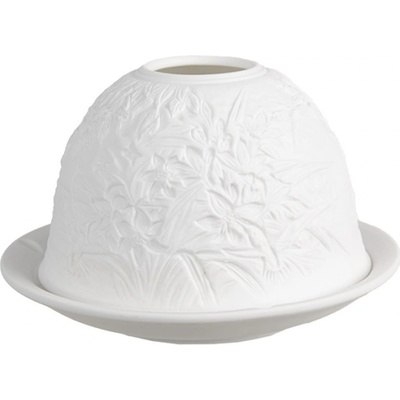 Bílý porcelánový svícen na čajovou svíčku s kytičkami a trávou – 12x8 cm