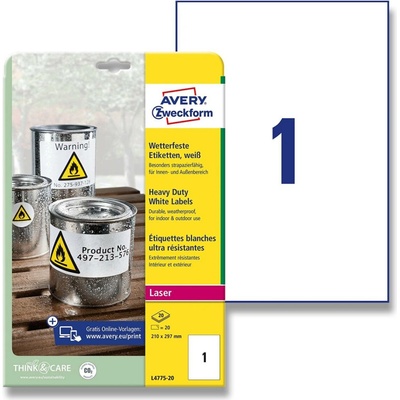 Avery Zweckform L4775-20 samolepicí bílé PET etikety 210 x 297 mm 20 etiket