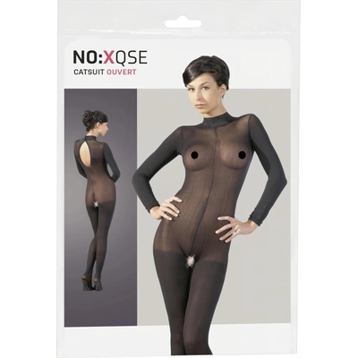 Průsvitný catsuit s krajkovým límečkem a otevřeným rozkrokem, M/L